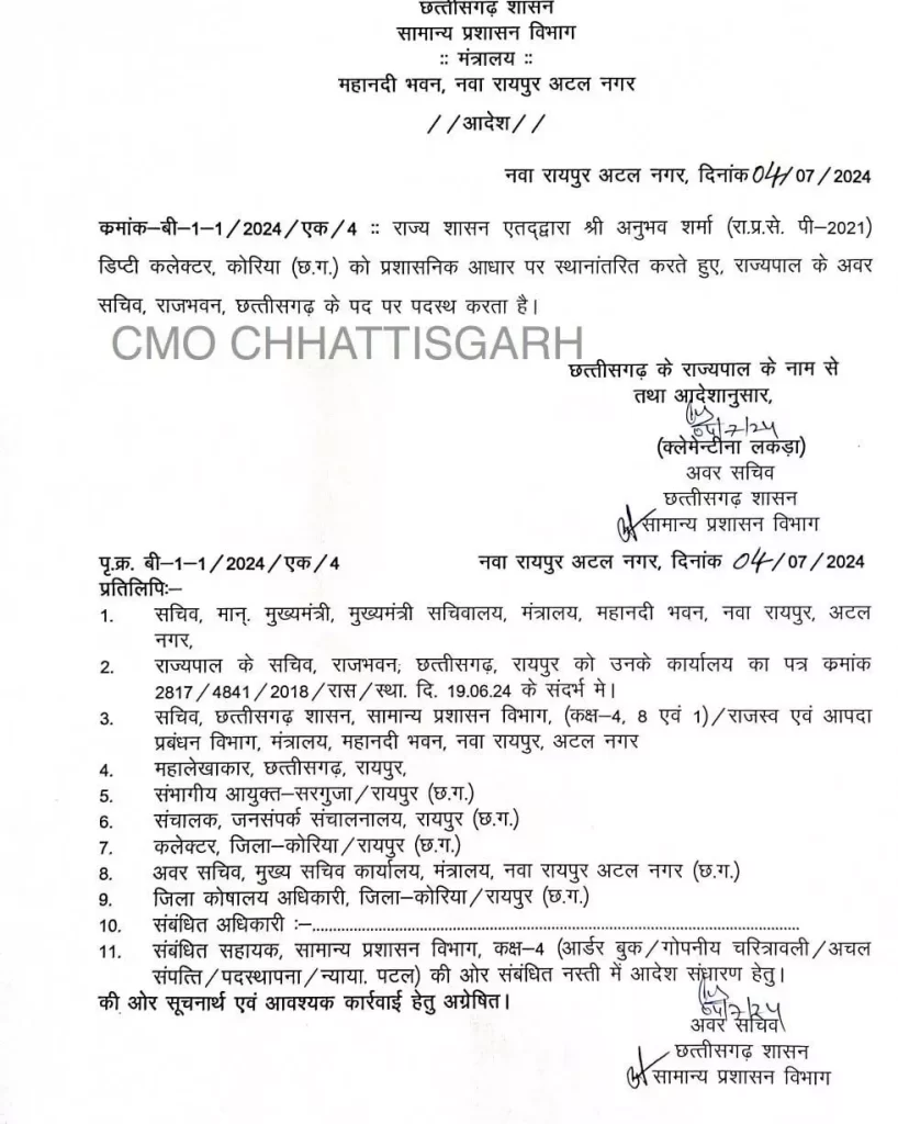 Cg Breaking | अनुभव शर्मा बनाए गए राज्यपाल के अवर सचिव